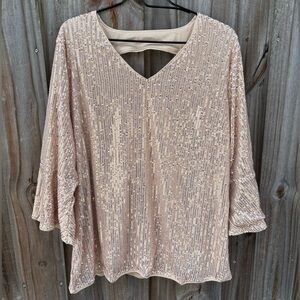 NWT Grace Karin 2XL Champagne Sequin Flutter Sleeve Keyhole Back Blouse Holiday